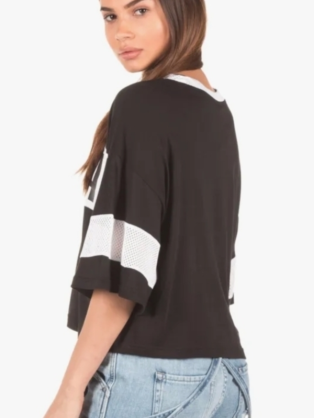 Y2K Puma Cropped Jersey Tee Black White Sporty Streetwear Oversized Boxy Top - Picture 6 of 11
